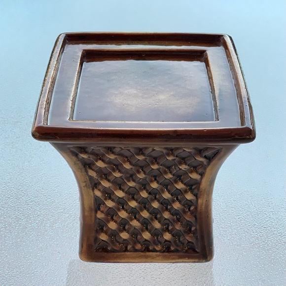 Brown Porcelain Ceramic Basket Pattern Square Pillar Candleholder ~ 4-1/2” - Picture 2 of 11